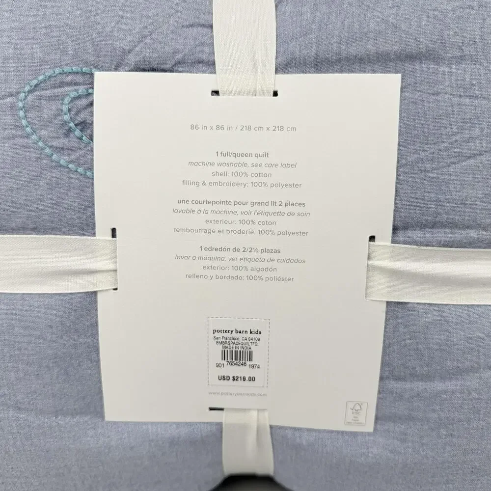 Pottery Barn Kids Space Embroidered Quilt FULL/QUEEN Chambray Blue Stars New